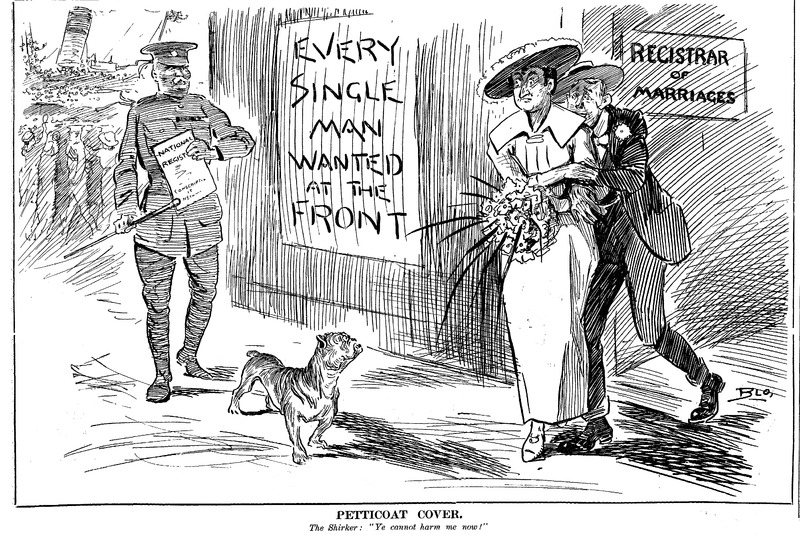 'Observer' Cartoon. A cartoon showing a 'shirker' getting married in an attempt to avoid conscription